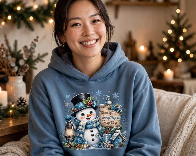 Snowman Christmas Hoodie | Cute Snowman in Scarf Holiday Hoodie | Warm Hearts Snowy Days Happy Ways | Cozy Winter Gift