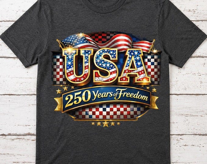 USA Flag Graphic T-Shirt | Stars, Stripes, Gold Accents (250 Years of Freedom)