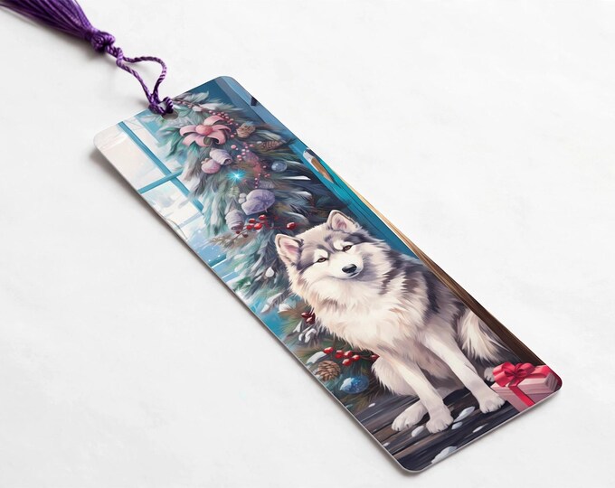 Husky by the Christmas Tree Metal Bookmark with Tassel — Christmas Dog Aluminum Bookmark, Book Lover Gift, Stocking Stuffer