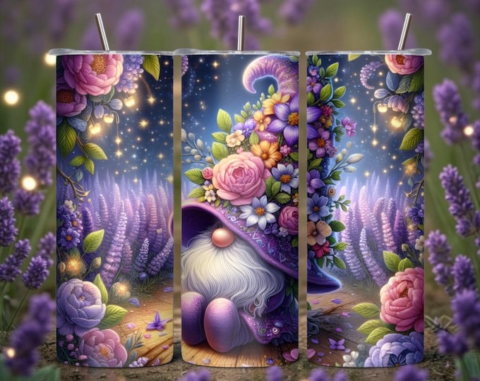 20 oz Skinny Tumbler | Floral Gnome Garden Design | Purple Woodland Fairy Cup (Lid, Straw)
