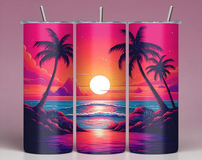 20 oz Tropical Sunset Stainless Steel Tumbler – Palm Trees, Beach Vibes (with Lid & Straw)