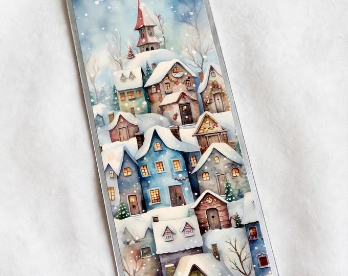 Snowy Village Metal Bookmark with Tassel | Aluminum Bookmark | Watercolor Christmas Village | Book Lover Gift