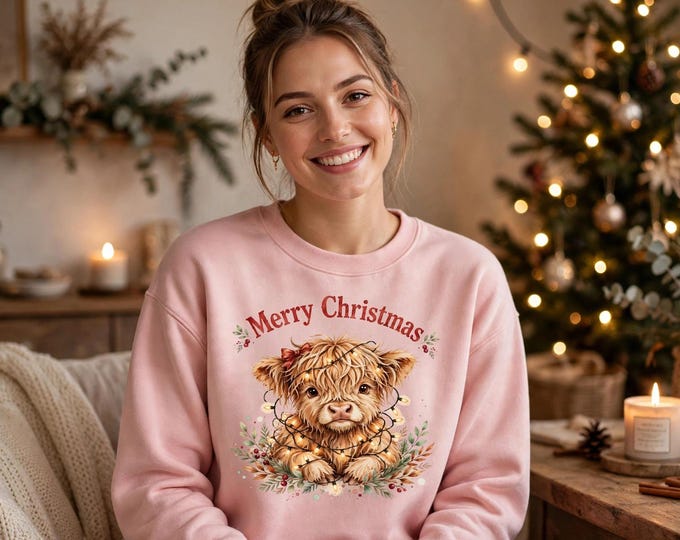 Highland Cow Christmas Sweatshirt | Merry Christmas Cow Crewneck | Cute Highland Cow Holiday Gift for Cow Lovers