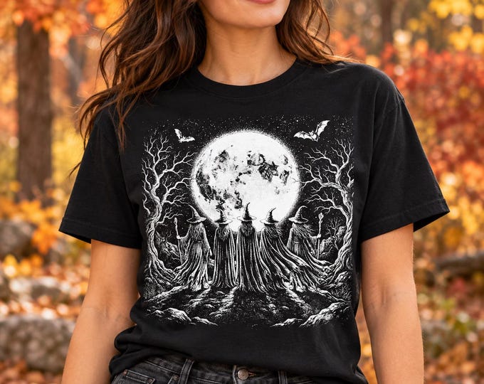 Halloween T Shirt | Witch Coven Gothic Graphic Tee | Spooky Full Moon Forest Witches Shirt