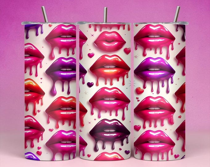 20 oz Skinny Tumbler | Glossy Lips Makeup Cup with Lid and Straw