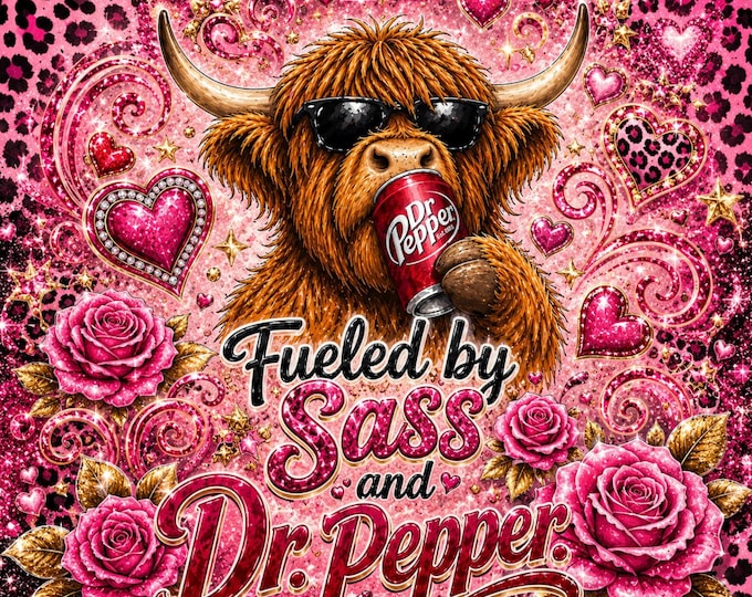 Highland Cow Tumbler Wrap | Fueled by Sass and Cola 20oz Skinny Sublimation Design | Digital Download PNG