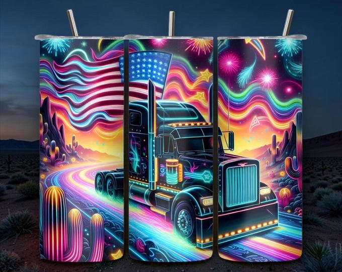 Neon Desert Semi Truck Tumbler | 20 oz Skinny Stainless Steel with Lid & Straw