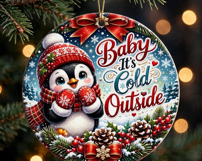 Penguin Christmas Ornament | Baby Its Cold Outside Ornament | Double Sided MDF Christmas Tree Decoration | Cute Winter Gift