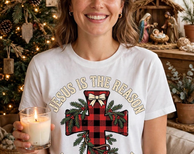 Jesus Is the Reason for the Season Shirt | Buffalo Plaid Cross Christmas Faith Tee | Christian Holiday T-Shirt | Religious Christmas Gift