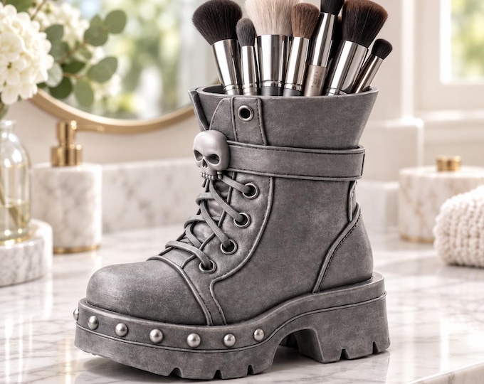 3D Printed Combat Boot Brush Holder | Gothic Skull Vanity Organizer (Punk Room Decor)