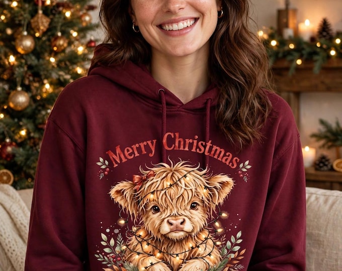 Highland Cow Christmas Hoodie | Merry Christmas Cow Hoodie | Cute Highland Cow Holiday Gift for Cow Lovers