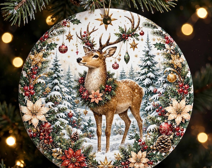 Deer Christmas Ornament | Woodland Deer Wreath Ornament | Double Sided MDF Christmas Tree Decoration | Rustic Christmas Gift