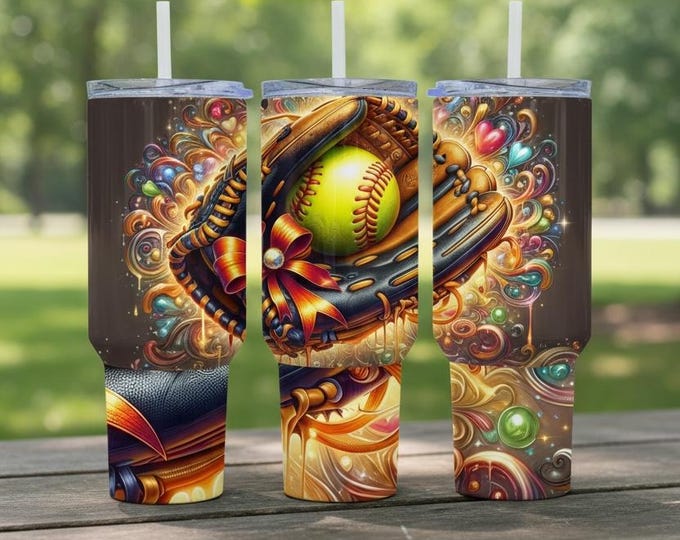 40 oz Softball Swirl Tumbler – Insulated Stainless Steel Cup with Handle and Straw