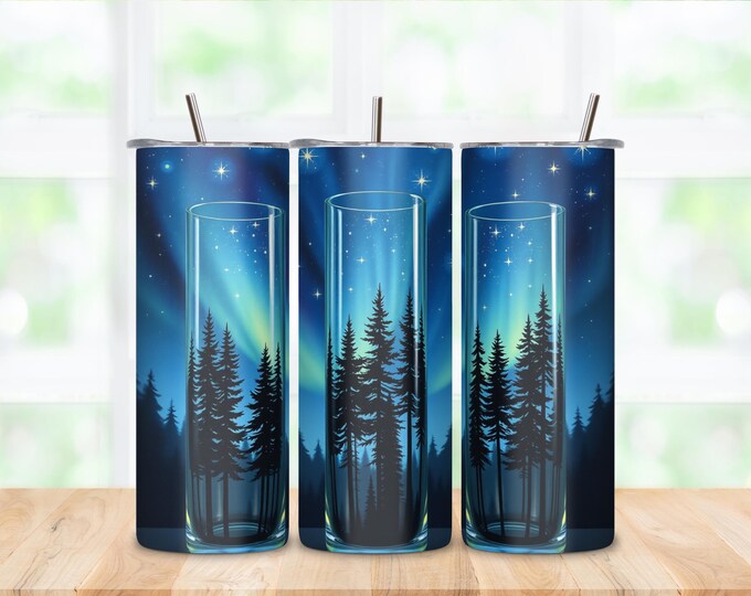 20oz Skinny Tumbler | Northern Lights Forest Tumbler Cup | Starry Night Pine Tree Aurora Drinkware