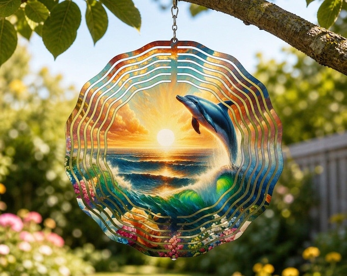 8" Dolphin Sunset Wind Spinner | Tropical Garden Decor, Beach Lover Gift