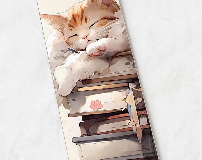 Sleeping Orange Cat on Books Metal Bookmark with Tassel — Cat Aluminum Bookmark, Book Lover Gift, Cat Mom Gift, Stocking Stuffer