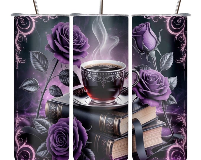 Purple Rose Coffee and Books Skinny Tumbler | 20 oz Lid and Straw (Gift for Readers)