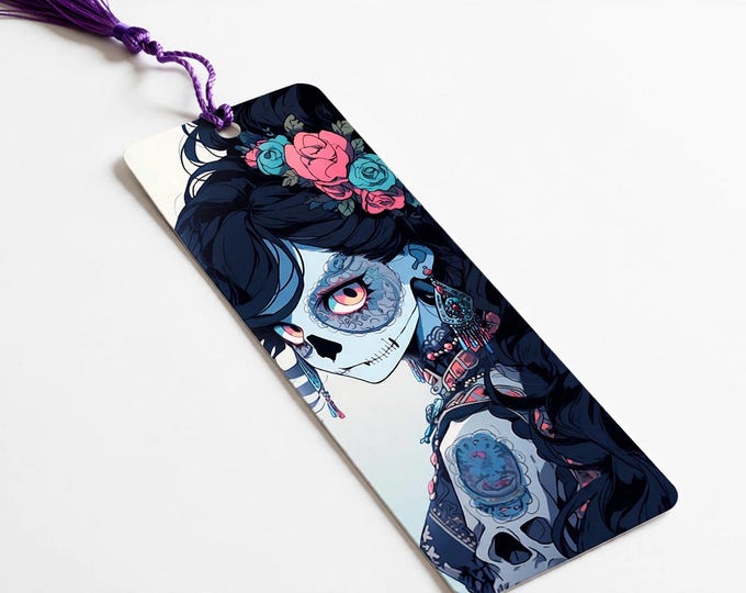 La Catrina with Roses Metal Bookmark with Tassel — Day of the Dead Aluminum Bookmark, Dia de los Muertos, Book Lover Gift