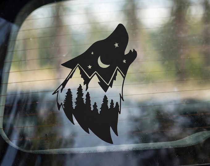 Howling Wolf Vinyl Car Decal | Wolf Moon Mountain Window Sticker | Black Wolf Decal for Cars Trucks SUVs