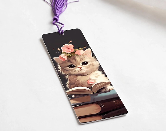 Kitten with Flowers Reading Metal Bookmark with Tassel — Cat Aluminum Bookmark, Book Lover Gift, Cat Mom Gift, Stocking Stuffer