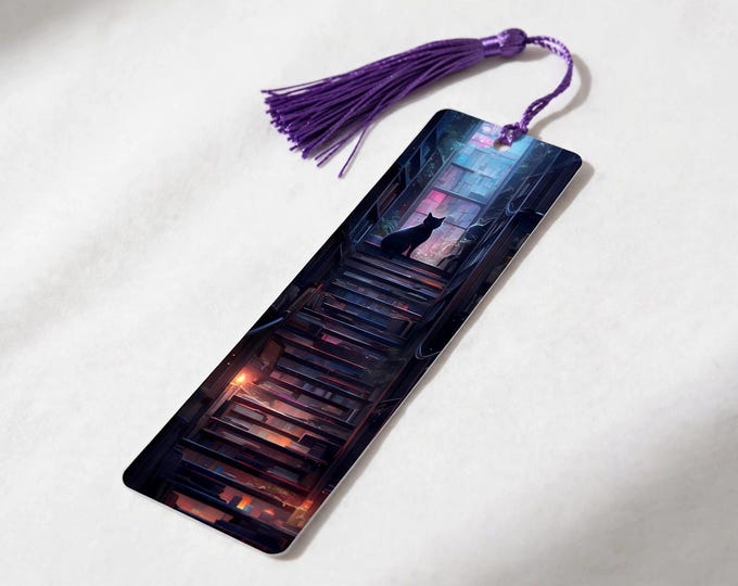 Black Cat on Night Stairs Metal Bookmark with Tassel — Cat Aluminum Bookmark, Book Lover Gift, Cat Mom Gift, Stocking Stuffer