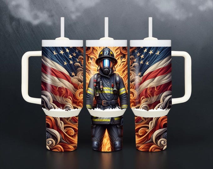 40 oz Firefighter Tumbler | Patriotic American Flag Design (With Lid & Straw)