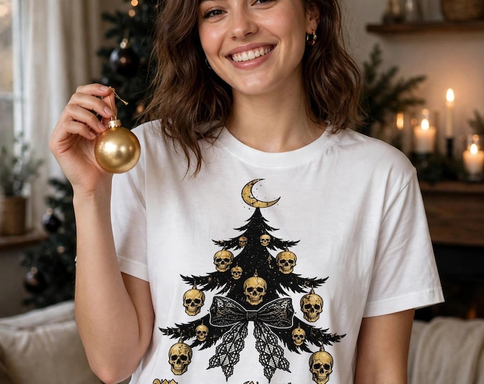 Gothmas Christmas Shirt | Black Christmas Tree Gold Skull Ornaments Tee | Gothic Holiday T-Shirt | Dark Christmas Gift
