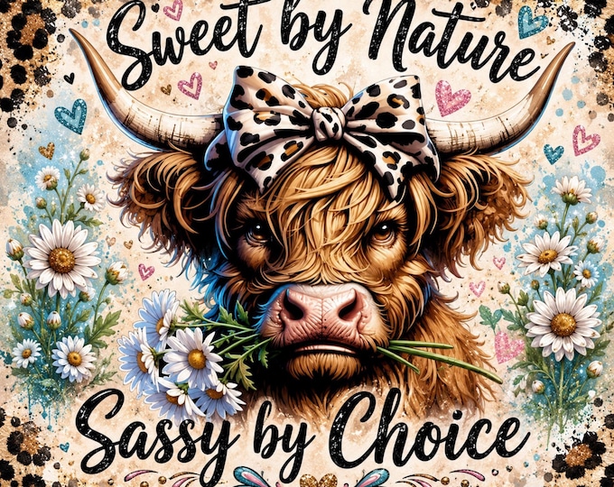 Highland Cow Tumbler Wrap | Sweet by Nature Sassy by Choice 20oz Skinny Sublimation Design | Digital Download PNG