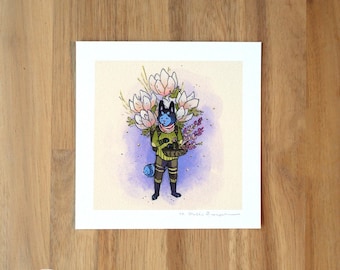 Cat Flower Guardian - Mini Fine Art Print