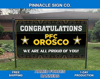 May include: A green, black, and yellow banner with the text "Congratulations PFC OROSCO We Are All Proud Of You!"  The banner has a camouflage pattern and two yellow stars.