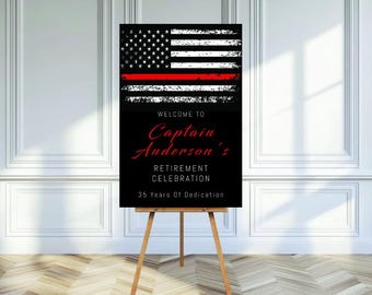 May include: Black and white distressed American flag with a red stripe across the middle. Text reads "Welcome to Captain Anderson's Retirement Celebration 35 Years of Dedication".