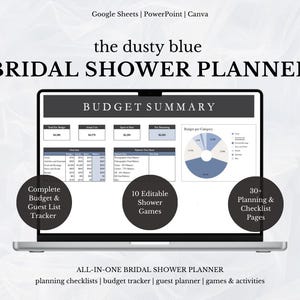 May include: A digital bridal shower planner displayed on a laptop screen. The planner includes a budget summary, guest list tracker, editable games, and planning checklists. The text reads "the dusty blue BRIDAL SHOWER PLANNER."