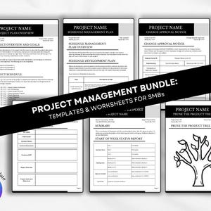 May include: A collection of project management templates and worksheets for small and medium-sized businesses. The documents include project plan overviews, schedule management plans, and change approval notices. The image also includes a Canva editable template.