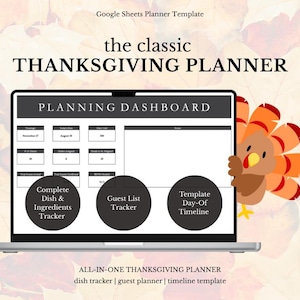 Op de afbeelding: Een laptopscherm toont een Thanksgiving-planningssjabloon met secties voor het volgen van gerechten, gastenlijsten en tijdlijnen. De tekst luidt "the classic THANKSGIVING PLANNER". Rechts is een cartoonkalkoen te zien.
