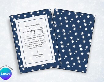 May include: A holiday party invitation with a navy blue background and white star pattern. The invitation includes the text "join us for silent nights a holiday party" and event details. The Canva template is editable.