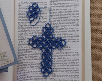 Blue Cross Bookmark Tatted Tassel Lace Tatting with crochet thread Christian Faith Journal