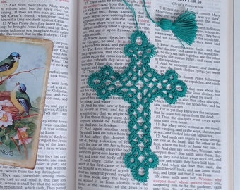 Teal Cross Bookmark Tatted Lace Bible Faith Journal Tatting Keepsake Gift Heirloom