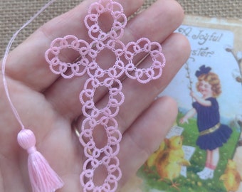 Pink #100 Cross Bookmark Tatted Lace Bible Faith Journal Keepsake Gift Heirloom  Tatting Crochet