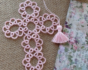 Large Pink #30 Cross Bookmark Tatted Lace Bible Faith Journal Keepsake Gift Heirloom  Tatting Crochet