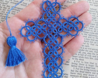 Cross Bookmark Tatted Royal Blue Lace Tatting