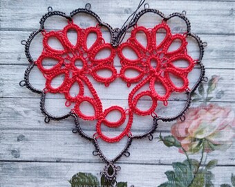 SALE ready to ship Heart Tatted Daisy Flower Bookmark with Tassel Tatting Dark Gray and Red