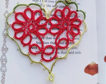 SALE Ready to ship Heart Tatted Daisy Flower Bookmark with Tassel Tatting Valentine Red & Variegated Green