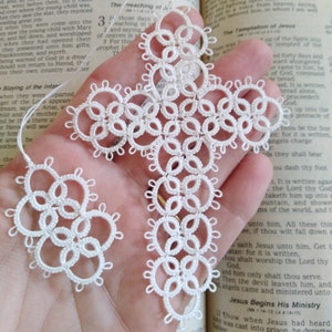 White Cross Bookmark Tatted Tassel Lace Tatting with crochet thread