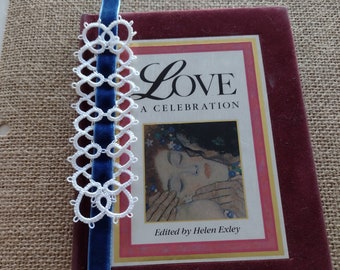 Blue and White Tatted Lace Velvet Bookmark Frivolite Romantic Tatting