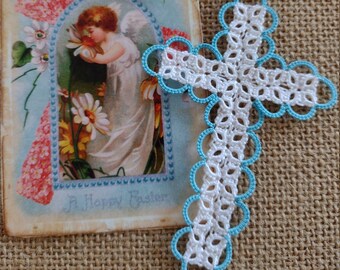 Blue & White Tatted Cross Bible Bookmark Heirloom Tatting Lace crochet thread