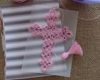 Vintage Pink Cross Bookmark Tatted Lace Bible Faith Journal Keepsake Gift Heirloom  Coats & Clark's Tatting Crochet 70 Frivilote