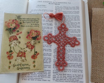 Cross Bookmark Tatted Lace Bible Faith Journal Tatting Keepsake Gift Heirloom  DMC 12 Frivilote