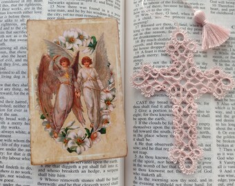 Pink Cross Bookmark Tatted Lace Bible Faith Journal Tatting Keepsake Christian Gift Heirloom  DMC 12 Frivilote
