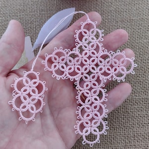 Pink Cross Bookmark Tatted Tassel Lace Tatting with crochet thread