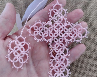 Pink Cross Bookmark Tatted Tassel Lace Tatting with crochet thread